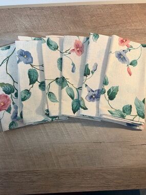 Floral Vine Printed Cotton Napkins - Set of 6, Cream with Green & Pink Accents